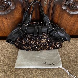 New Women's Kenneth Cole Black, Copper Sequin Detail With Leather Trim Handbag